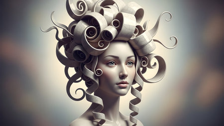 A marble bust of a woman with an elaborate white sculptural wig featuring swirling curls and...の写真素材