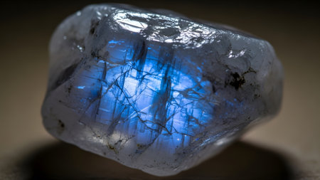 Internal showing rough uncut moonstone crystal with internal blue adularescence and textured...の写真素材