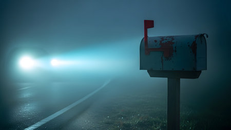 Dense showing rusty metal mailbox and approaching car headlights in dense fog. resolution...の写真素材