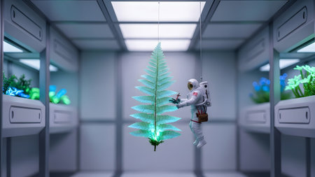 Space showing astronaut tending to a glowing artificial fern in a futuristic space station...