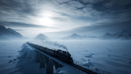 Train showing steam train crossing a snowy mountain bridge under a cloudy sky with distant...の写真素材