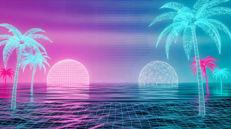 Wireframe showing retro-futuristic neon landscape with palm trees, wireframe suns, and grid...