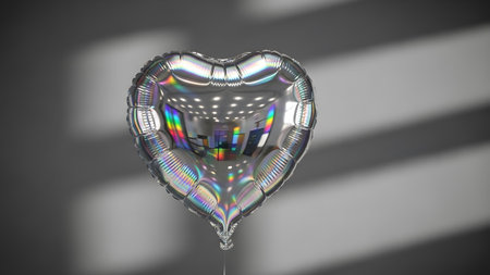 Patterns showing silver heart shaped balloon with rainbow refractions and window shadow...の写真素材