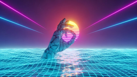 A hand making an ok gesture rises from a neon blue grid ocean under a striped yellow sun and...