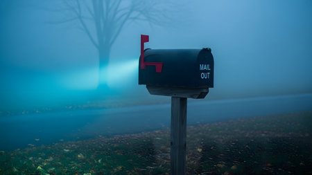 Stock showing rural mailbox with mail out sign and foggy tree background. resolutionの写真素材