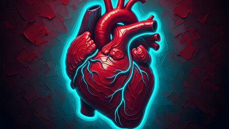 Heart showing stylized red human heart with glowing cyan outline and textured background.
