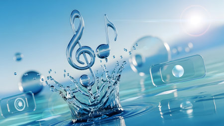 Stock showing silver treble clef and musical note symbol above water splash with abstract blue...の写真素材