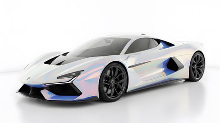 A sleek white sports car with an iridescent finish and aggressive front sits on a white studio...