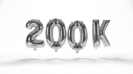 White showing silver foil balloons forming 200k with shadows on white. resolution