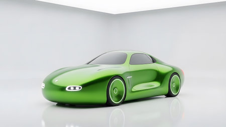 White showing sleek green concept car with glowing wheel rims in a white studio environment....