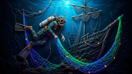 A scuba diver in a detailed suit examines a sunken ship entangled in vibrant blue and green neon...の写真素材