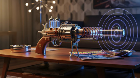 Stock showing steampunk revolver with glowing vacuum tubes and copper coils projecting energy...