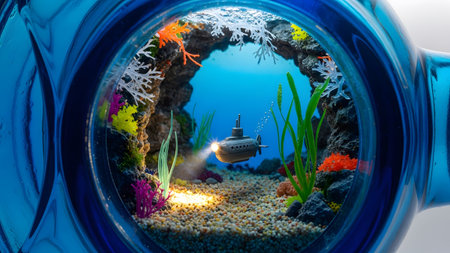 Submarine with spotlight explores a miniature underwater coral reef in a blue glass bottle,...の写真素材