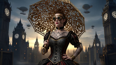 Stock showing steampunk woman with intricate umbrella and victorian cityscape background...の写真素材