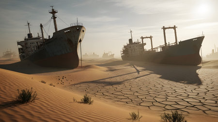 Long showing sunlight casts long shadows on beached cargo ships in a cracked desert landscape....の写真素材