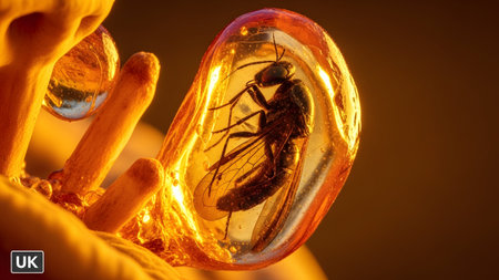 A small insect is captured in a glowing piece of amber, surrounded by organic textures and...の写真素材