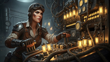 A steampunk woman in goggles and leather operates complex machinery with glowing vacuum tubes...