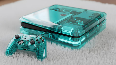 A transparent teal gaming console and matching controller with visible internal components on a...