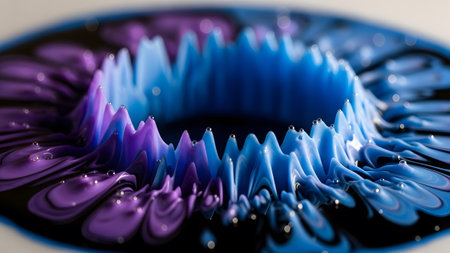 White showing vibrant purple and blue liquid forms a circular wave pattern with droplets on a...の写真素材