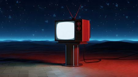 Vintage showing vintage television with static screen in a dark, low-poly landscape with neon...