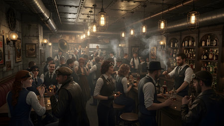 Stock showing steampunk bar interior with patrons drinking and socializing at a crowded counter....の写真素材