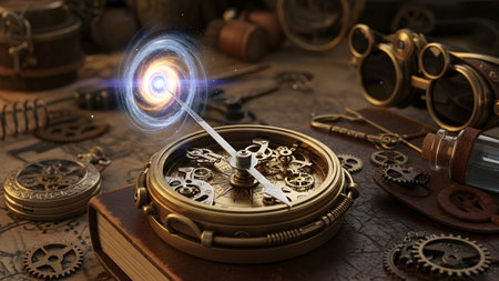 Stock showing steampunk compass with glowing vortex and antique pocket watch on a map.