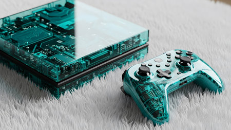 A transparent teal gaming console and controller with visible intricate circuitry displayed on a...