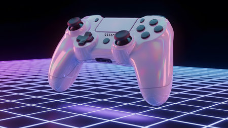 A pearlescent white game controller reflects light with an iridescent sheen on a neon grid of...