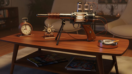 Vintage showing steampunk ray gun with vacuum tubes and copper coils on a wooden coffee table...