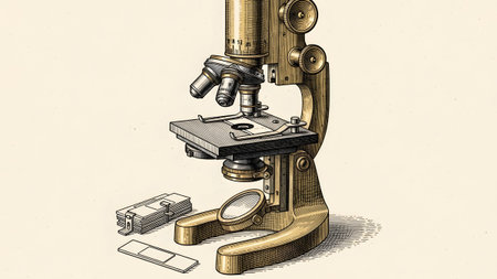 Vintage showing vintage microscope with stacked slides and single slide. resolutionの写真素材