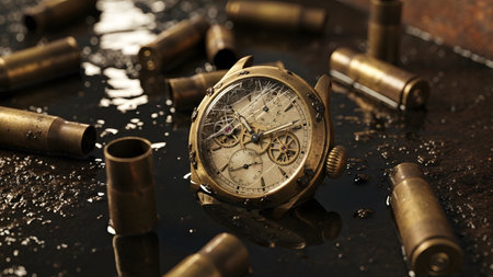 Ground showing vintage mechanical pocket watch with cracked glass and exposed gears amidst...の写真素材