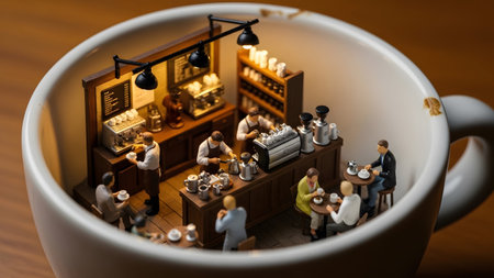 White showing tiny diorama of a lively coffee shop with miniature figures serving and enjoying...の写真素材