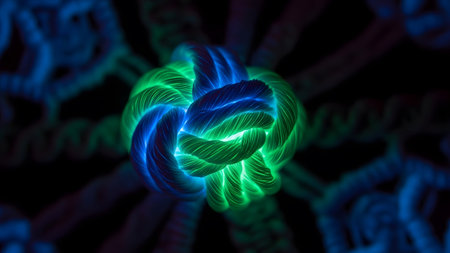 A complex rope knot is vividly illuminated with contrasting blue and green light, creating a...の写真素材