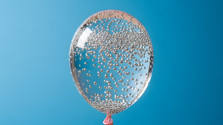 Small showing transparent balloon filled with clear liquid and many small silver bubbles against...
