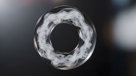 White showing transparent ring with white smoke swirling inside against dark background.