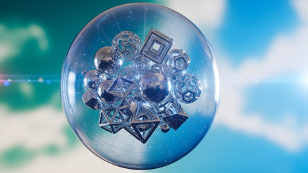 A transparent sphere encloses a cluster of metallic geometric shapes and spheres against a soft...