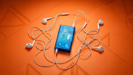 White showing transparent blue digital music player with white earbuds and tangled wires on...の写真素材