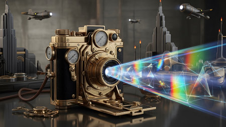 Stock showing steampunk camera projecting rainbow light beams with futuristic cityscape...の写真素材