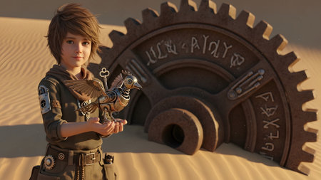 Bird showing young boy in steampunk attire holding a mechanical bird with a key in a desert...