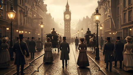 Scene showing victorian street scene with people, horse-drawn carriages, and big ben clock...の写真素材