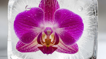 A bright pink orchid is encased in clear ice, featuring visible water droplets and air bubbles.の写真素材
