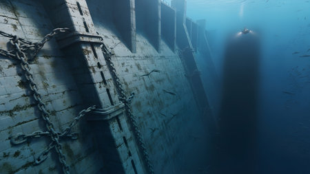 Stock showing underwater submarine exploring massive ancient stone dam structure with large...