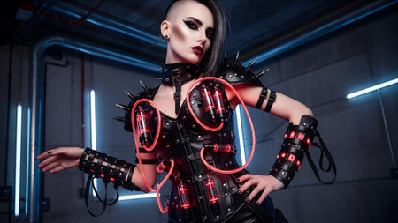 A woman with a punk hairstyle and striking makeup wears a black leather cybernetic corset...の写真素材
