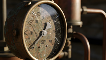 Vintage showing vintage rusty pressure gauge with cracked glass and copper pipes.