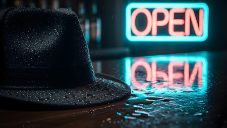 (218) showing wet fedora hat with neon open sign and reflection on a dark bar surface.の写真素材