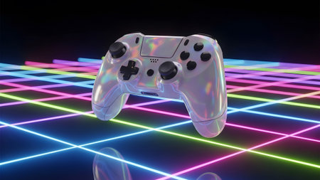 A white game controller with an iridescent finish rests on a vibrant, colorful neon grid background.