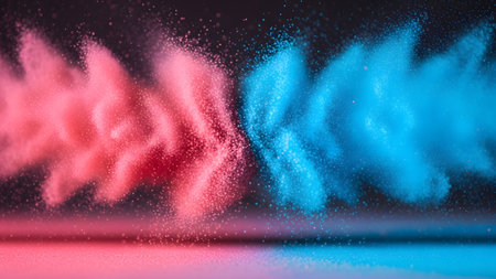 Dark showing two clouds of pink and blue powder colliding and exploding in a dark environment....