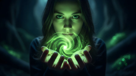 A young woman with intense green eyes focuses her hands, creating a luminous green swirling...の写真素材