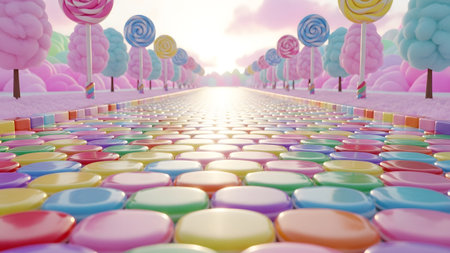 Colorful showing whimsical candy land road lined with lollipop trees and colorful paved path....の写真素材