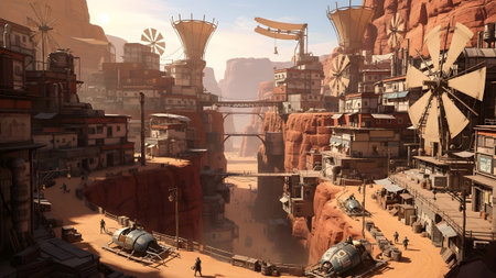 Hovercrafts showing wasteland cityscape with windmills and hovercrafts in a deep canyon.の写真素材